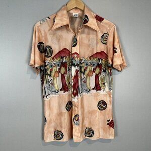Andy New York 1970s Shirt Mens Large Asian Geisha Print Pointed Collar